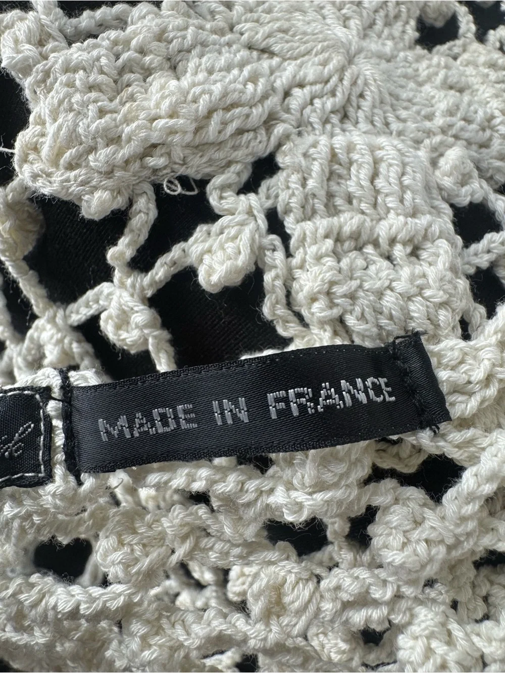 Vintage Antik Batik Made in France Cream Macramé Fringe Scarf with Floral Motifs